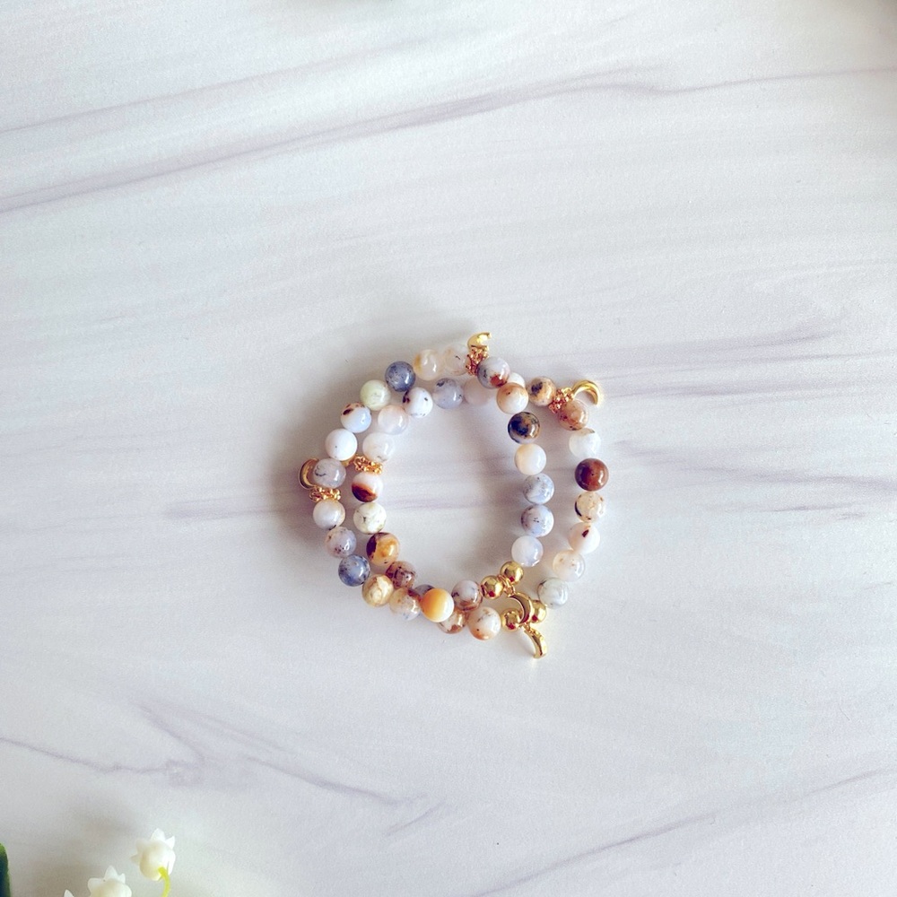 White Opal Gemstone Mala Bracelet | Exquisite Gold Charm Bracelet Radiant Beauty